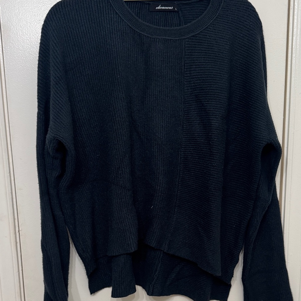 Avenue Black Ribbed Scoop-Neck Knit Sweater